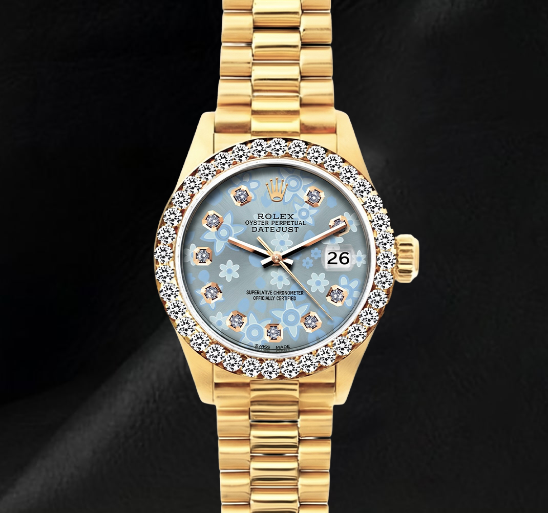 Rolex 69178 Datejust 26mm Ice Blue Floral Diamond Dial President Bracelet Watch 18K
