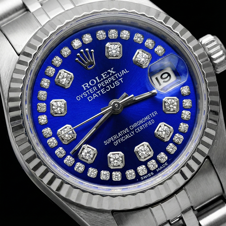 Rolex Blue Double Row Natural Earth Mined Diamond Dial Ss Jubilee Datejust Watch