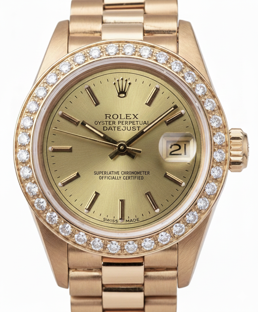 Rolex Champagne Stick Dial President Watch Dj Natural Earth Mined Diamond Bezel Yg