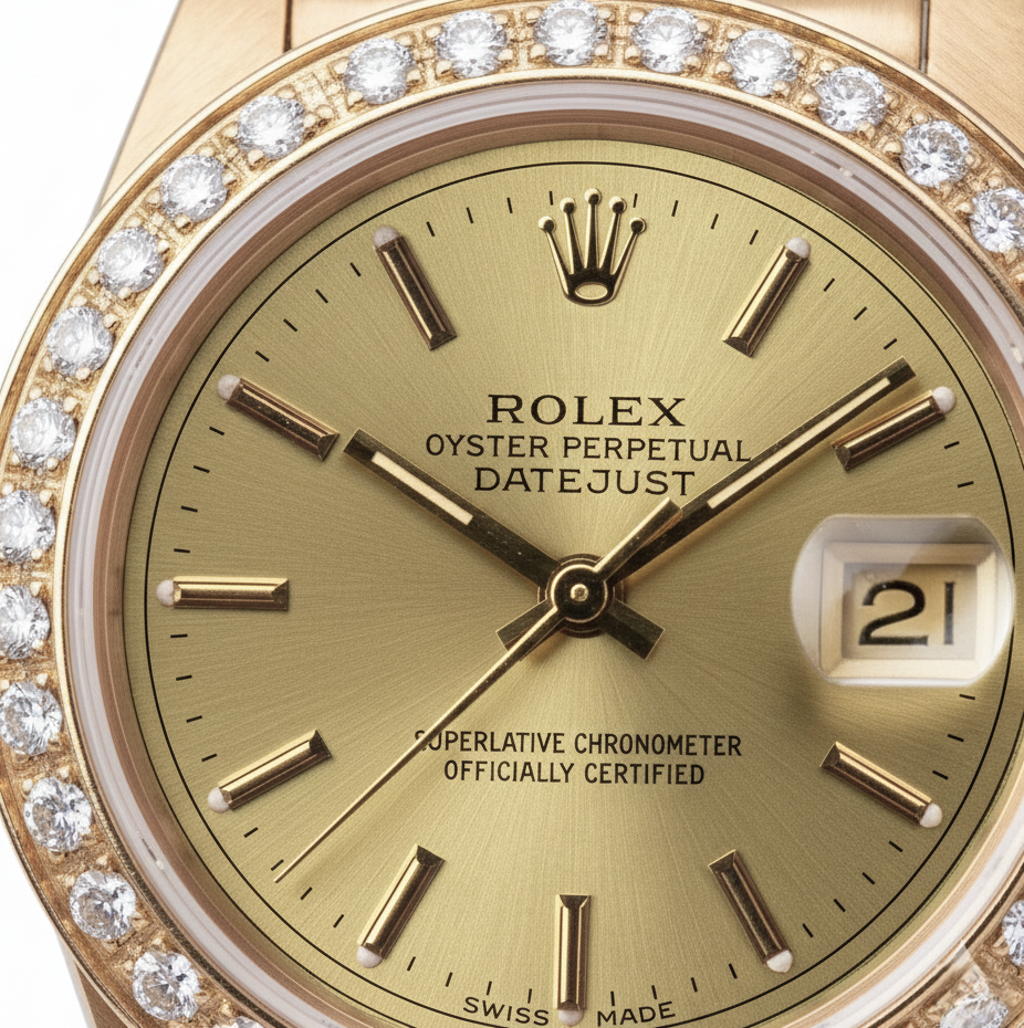 Rolex Champagne Stick Dial President Watch Dj Natural Earth Mined Diamond Bezel Yg