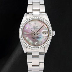 Rolex Date 1500 34mm Black Mother Of Pearl Diamond Dial Two Tone Watch