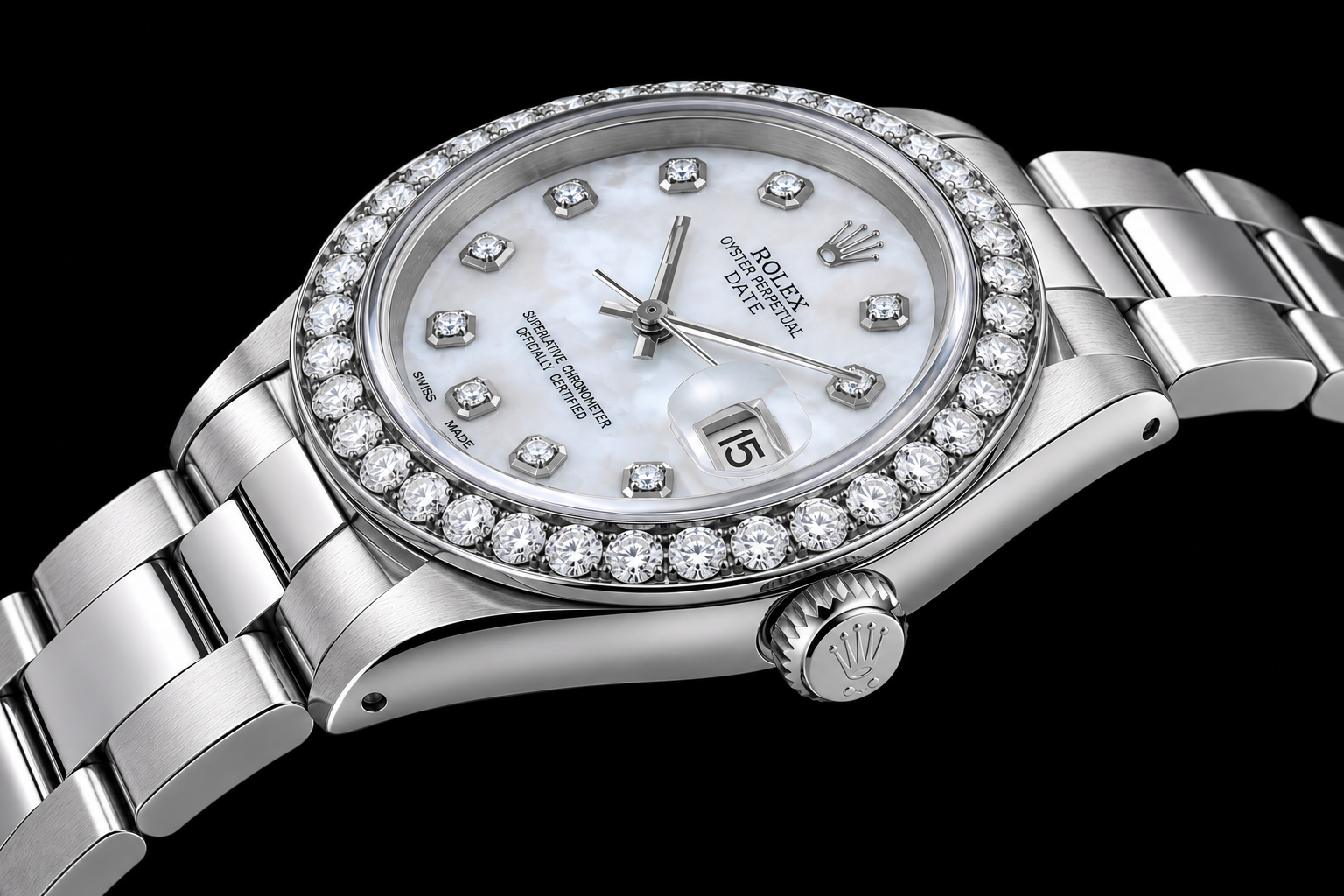 Rolex Date 1500 34mm White Mother Of Pearl Diamond Dial Stainless Steel