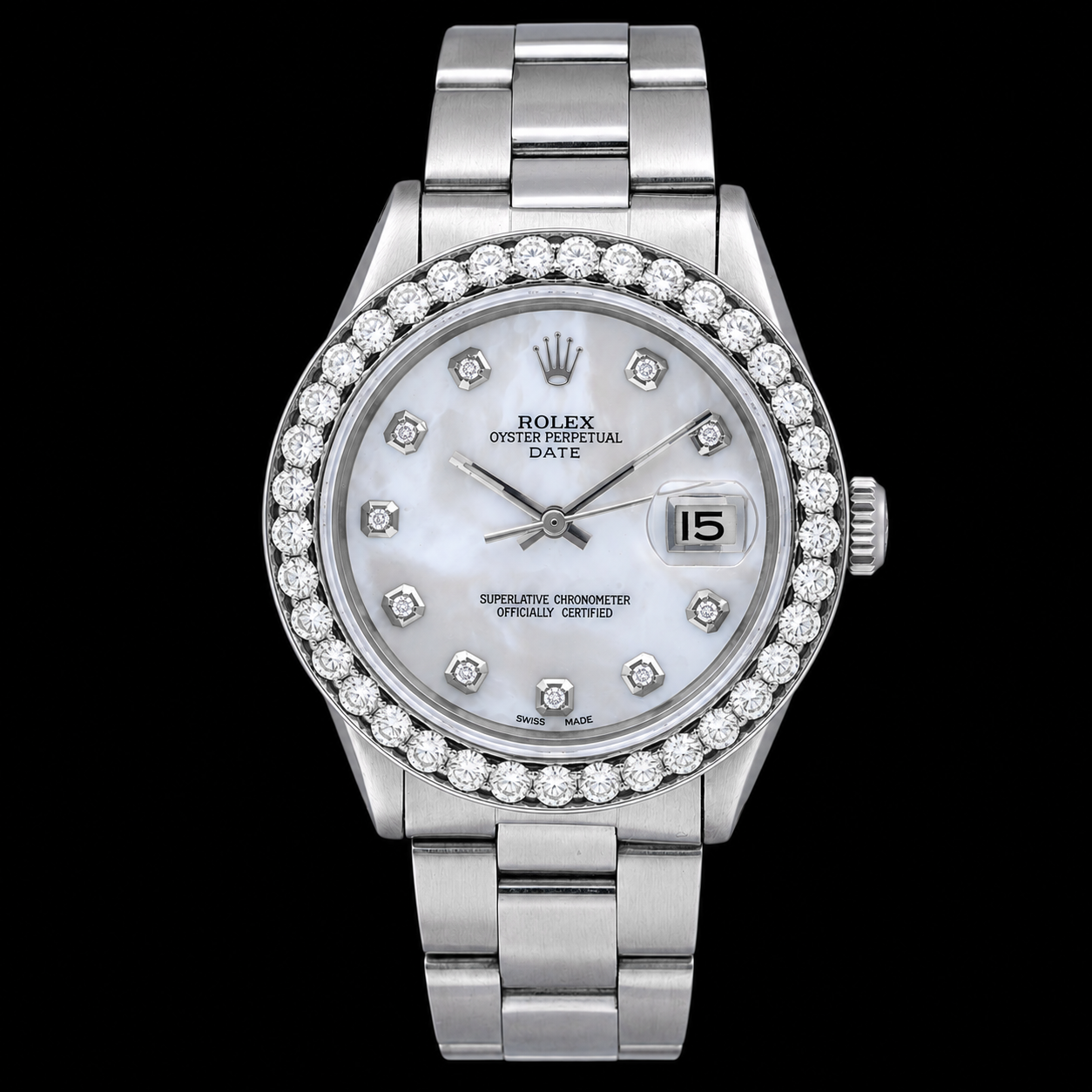 Rolex Date 1500 34mm White Mother Of Pearl Diamond Dial Stainless Steel
