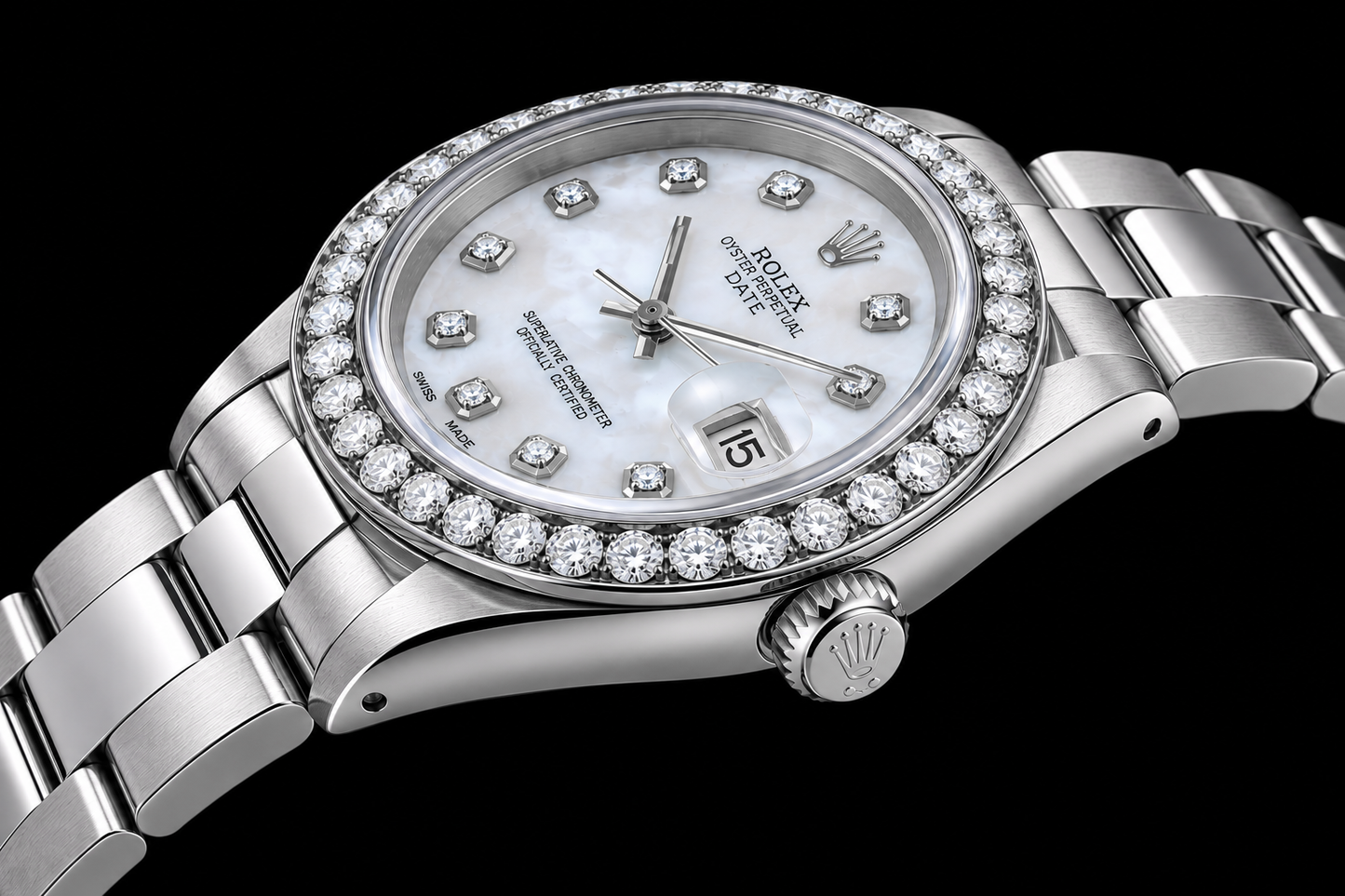 Rolex Date 1500 34mm White Mother Of Pearl Diamond Dial Stainless Steel