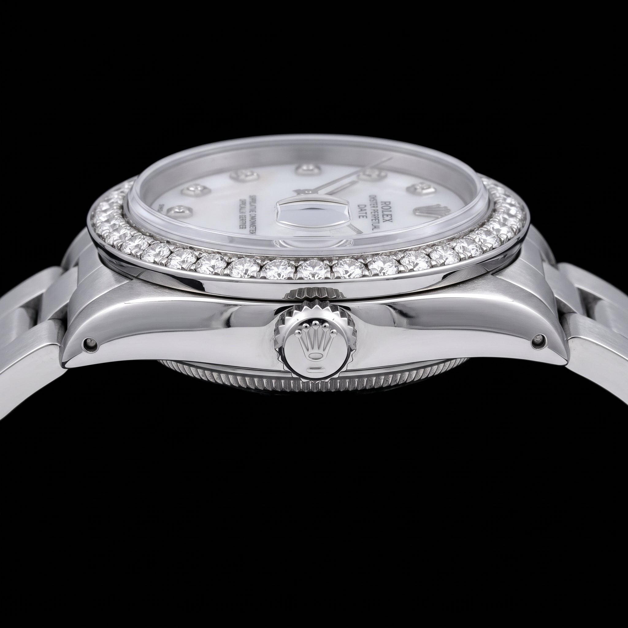 Rolex Date 1500 34mm White Mother Of Pearl Diamond Dial Stainless Steel