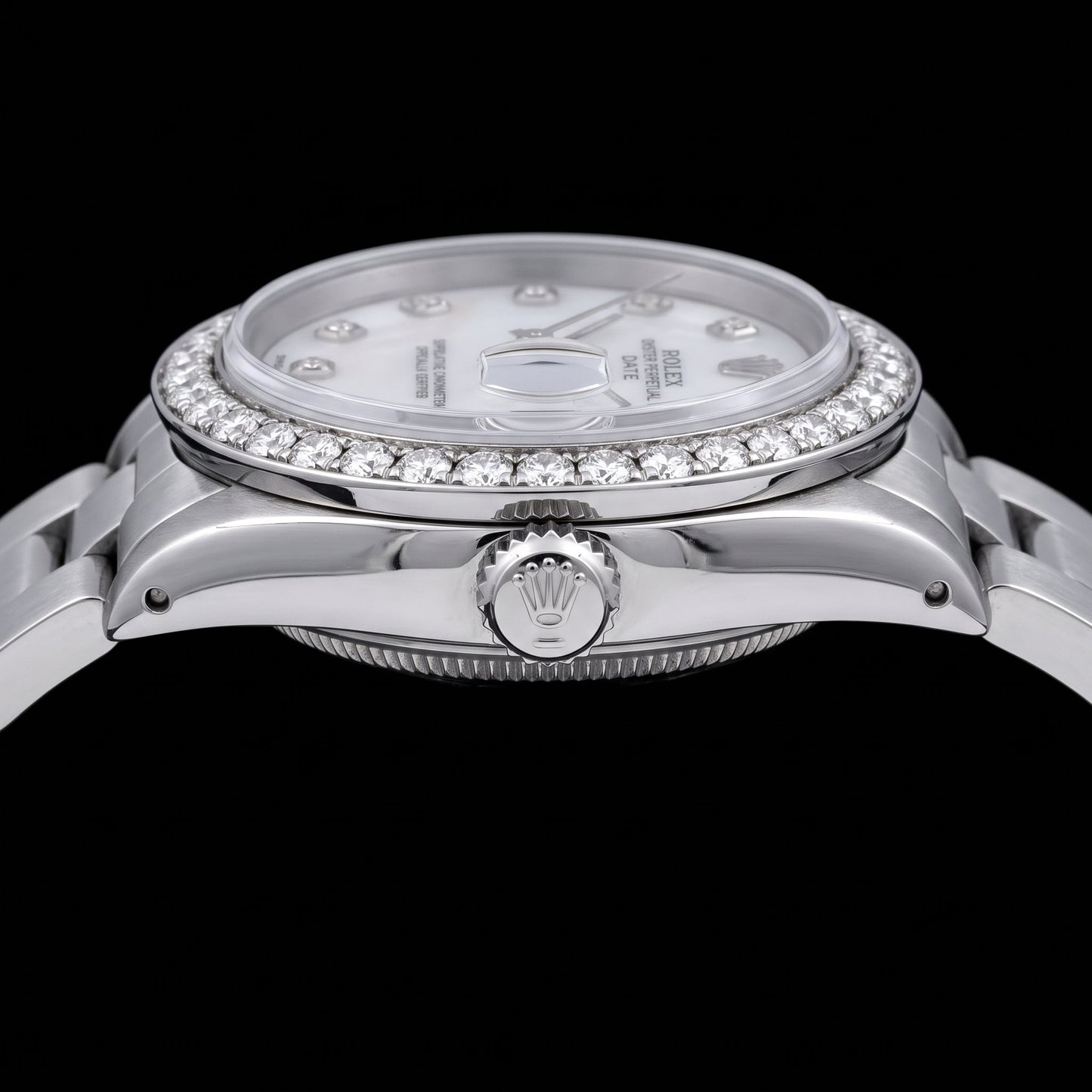 Rolex Date 1500 34mm White Mother Of Pearl Diamond Dial Stainless Steel