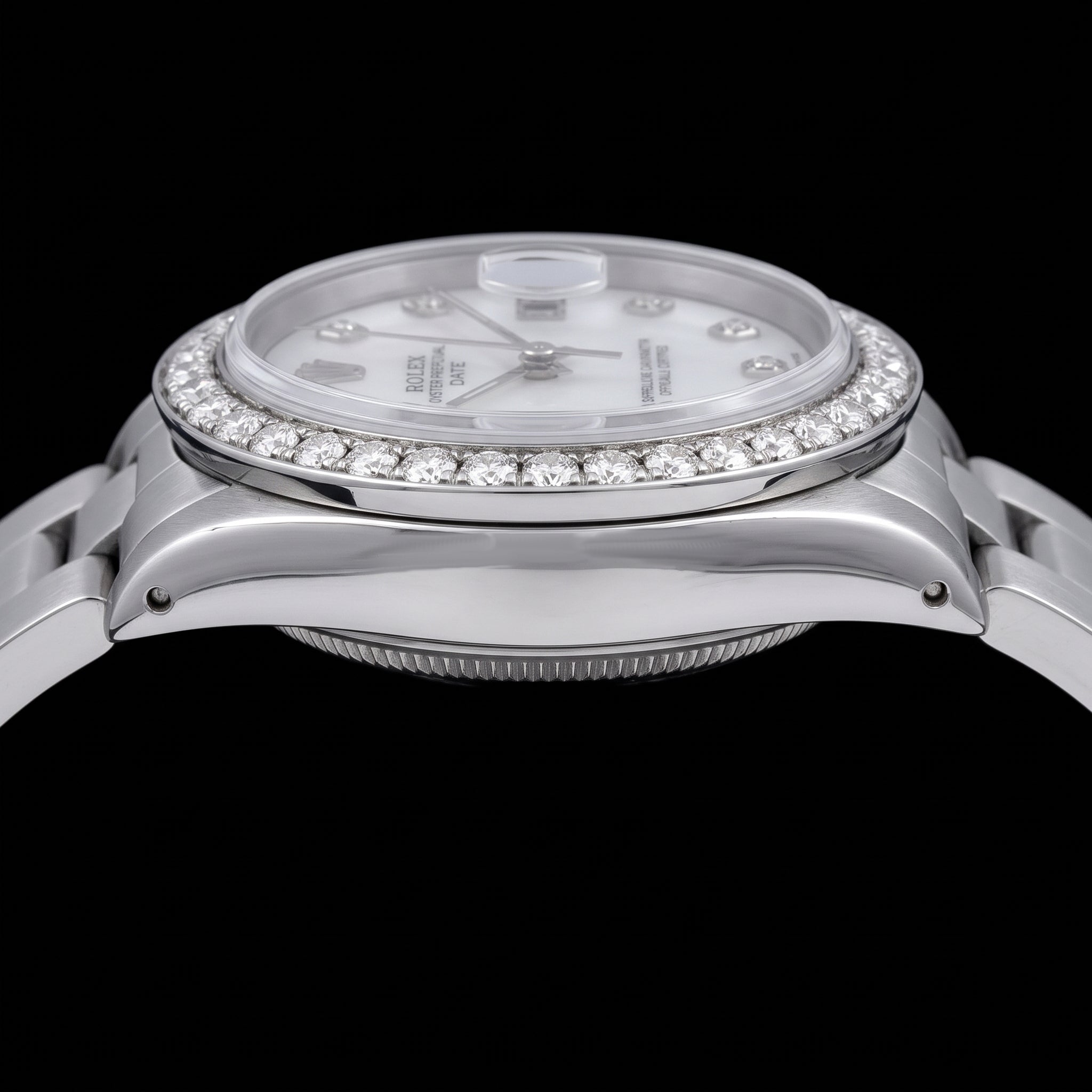 Rolex Date 1500 34mm White Mother Of Pearl Diamond Dial Stainless Steel