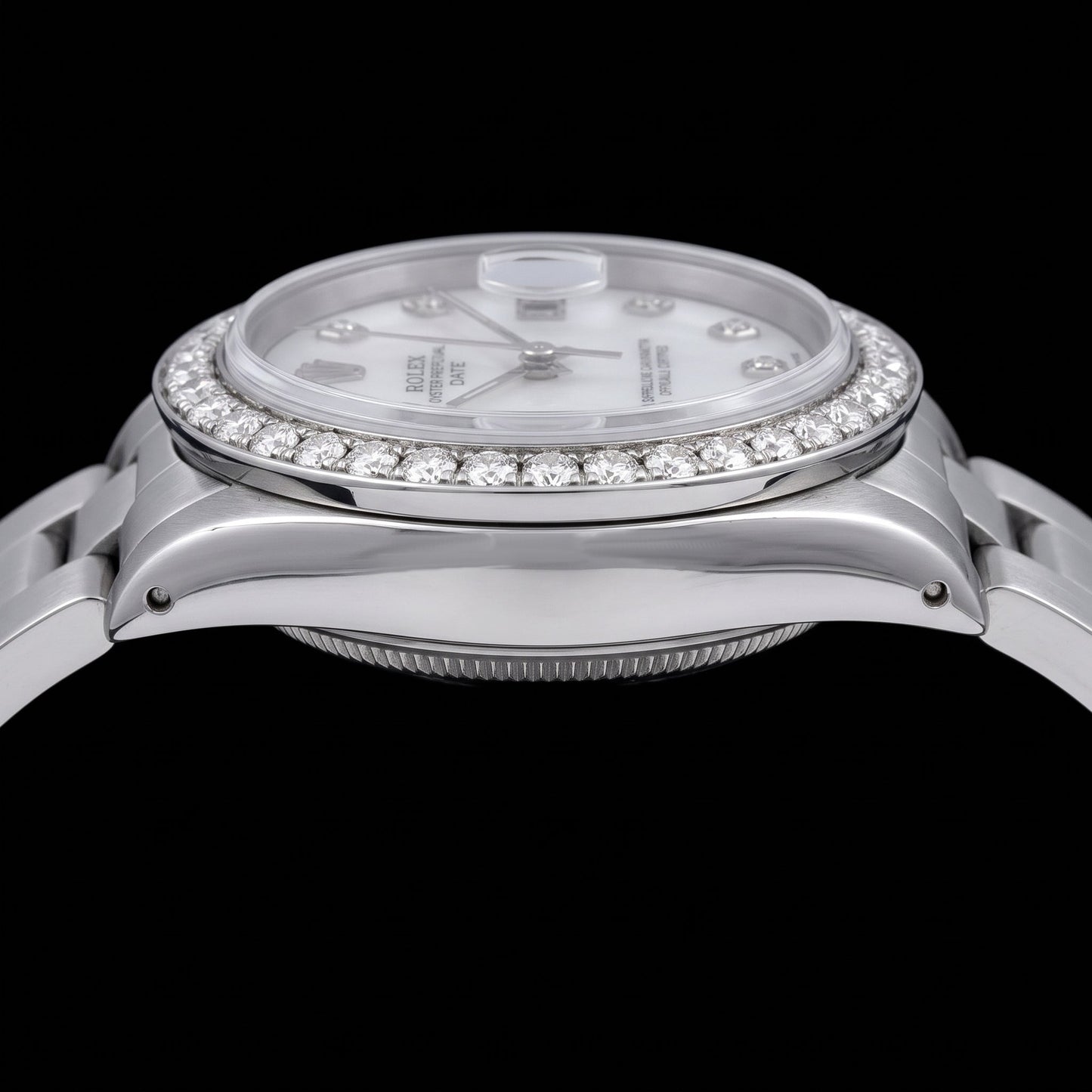 Rolex Date 1500 34mm White Mother Of Pearl Diamond Dial Stainless Steel