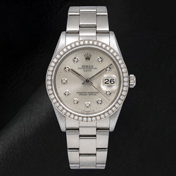 Rolex Date 15010 34mm Silver Diamond Dial Stainless Steel Watch