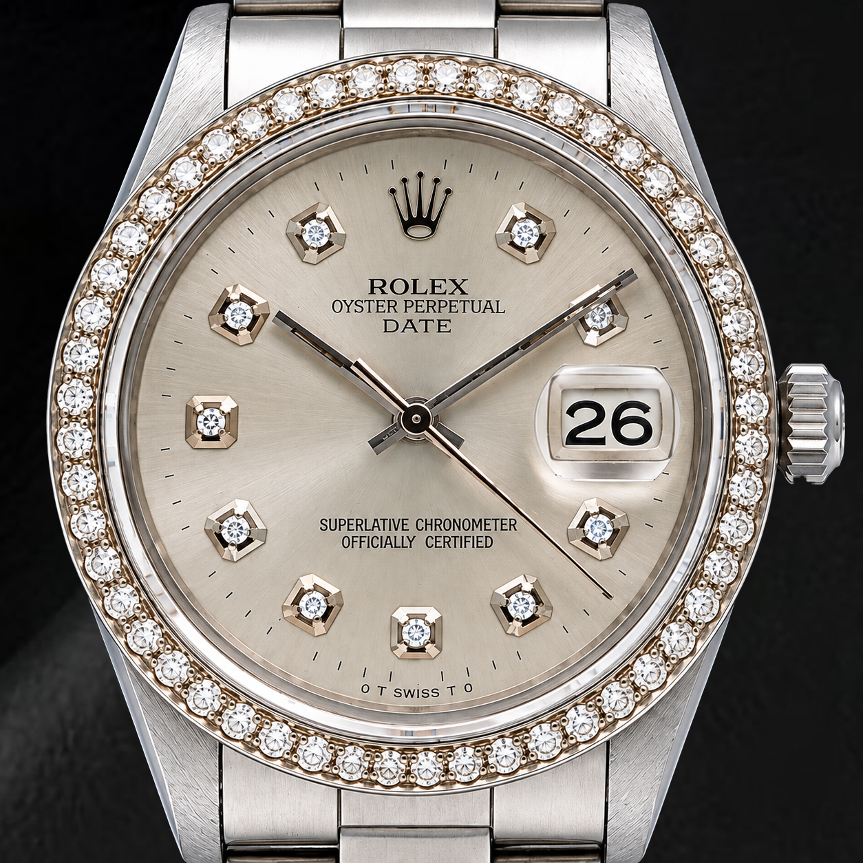 Rolex Date 15010 34mm Silver Diamond Dial Stainless Steel Watch