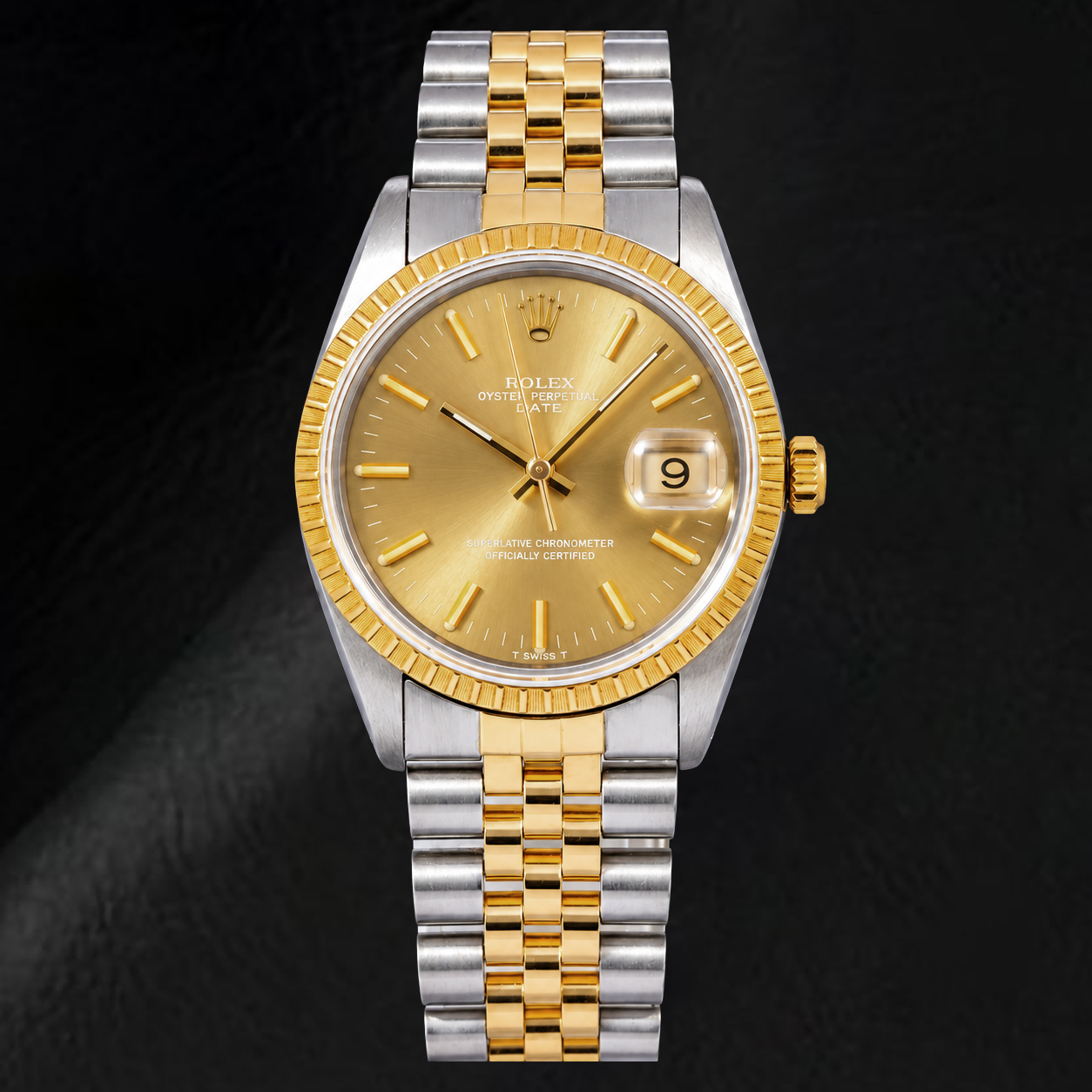Rolex Date 1502 34mm Champagne Stick Dial Two Tone Watch