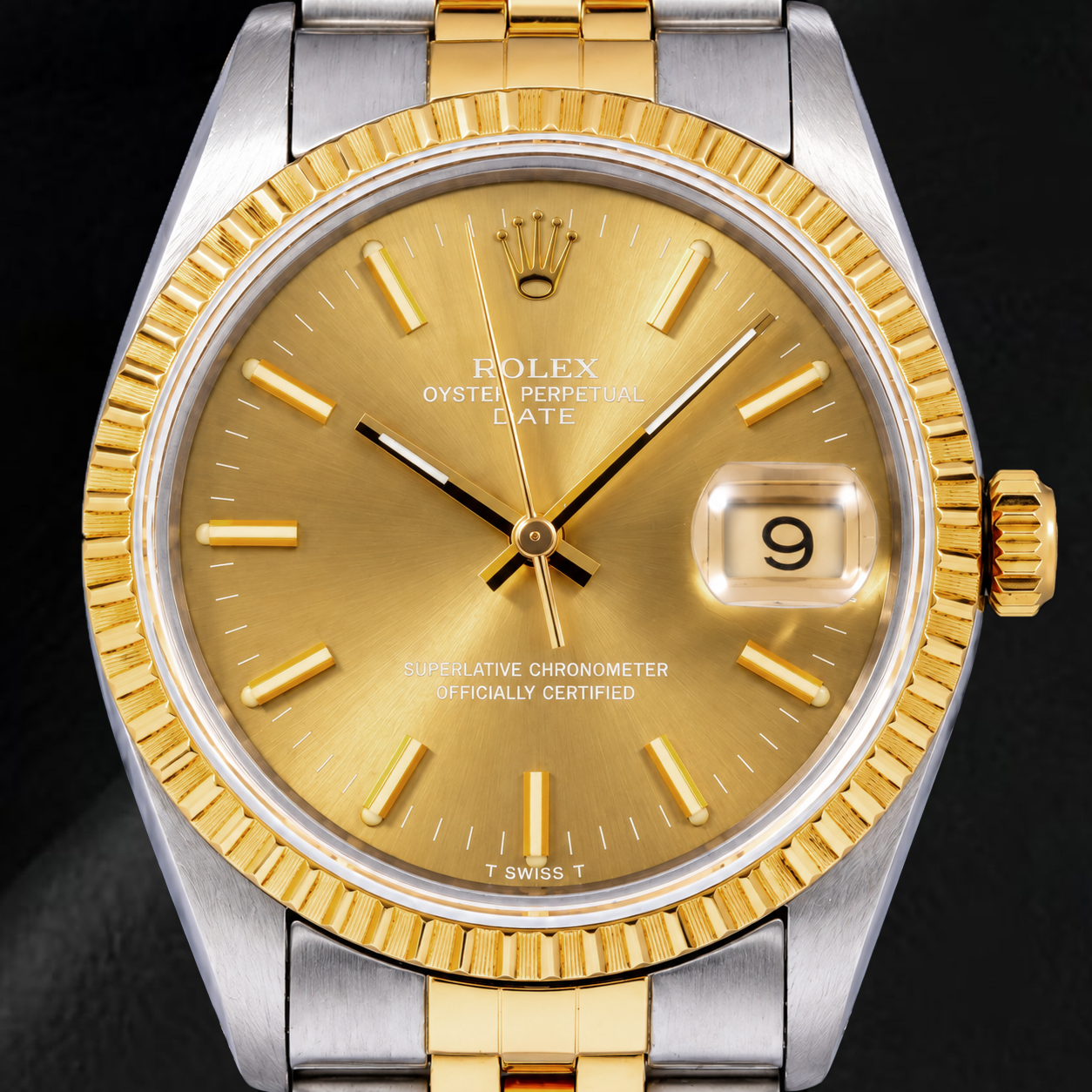 Rolex Date 1502 34mm Champagne Stick Dial Two Tone Watch