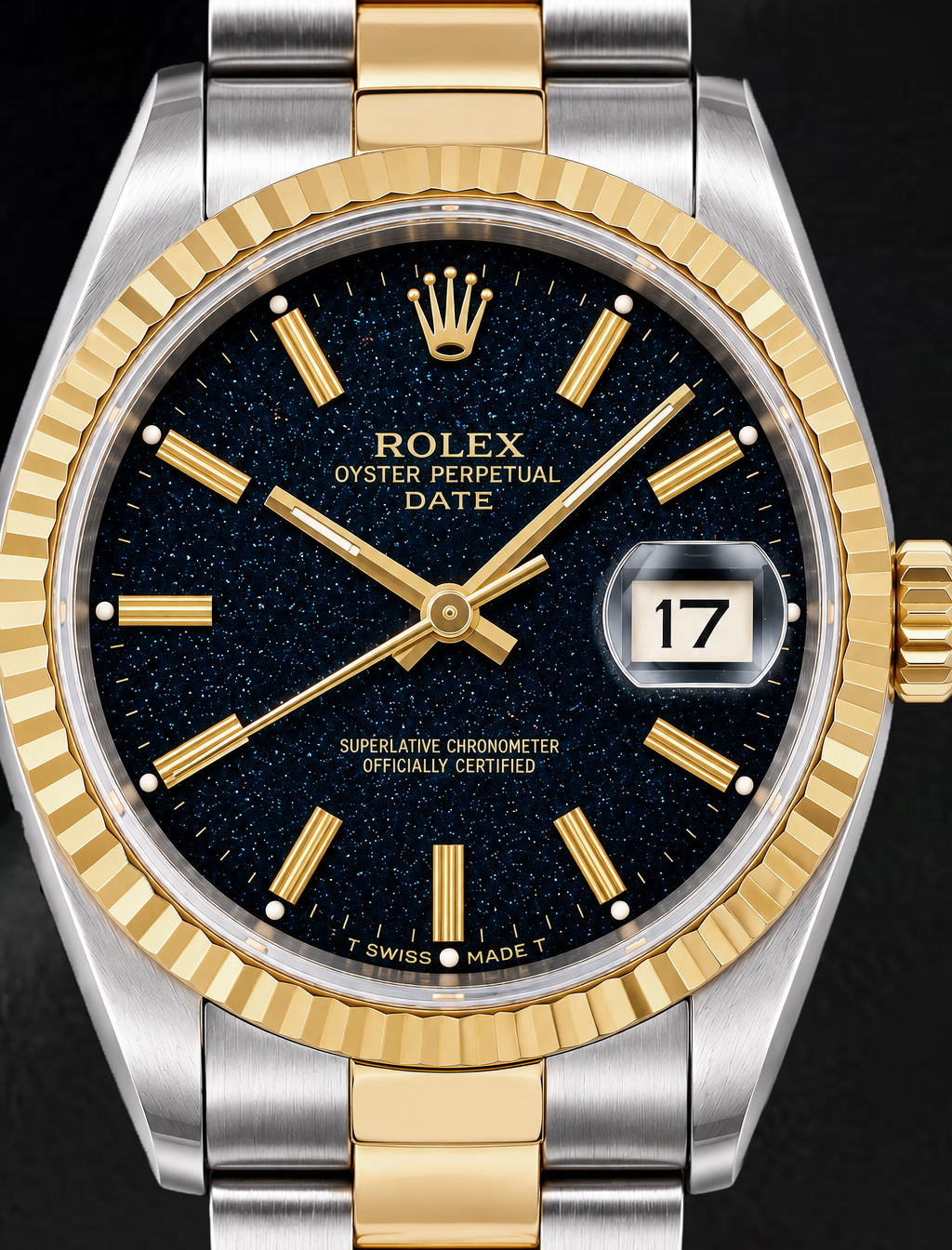 Rolex Date 15053 34mm Black Stick Dial Two Tone Watch