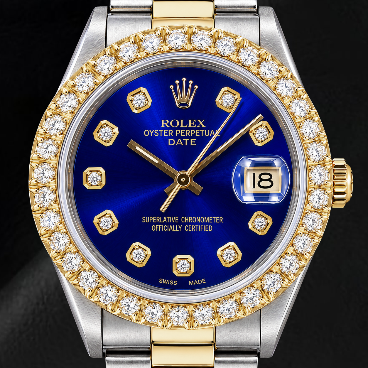 Rolex Date 1505 34mm Blue Diamond Dial Two Tone Watch