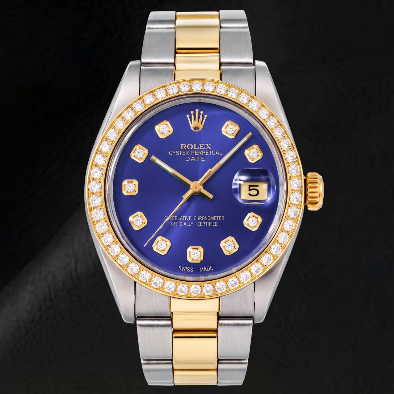 Rolex Date 1505 34mm Blue Diamond Dial Two Tone Watch