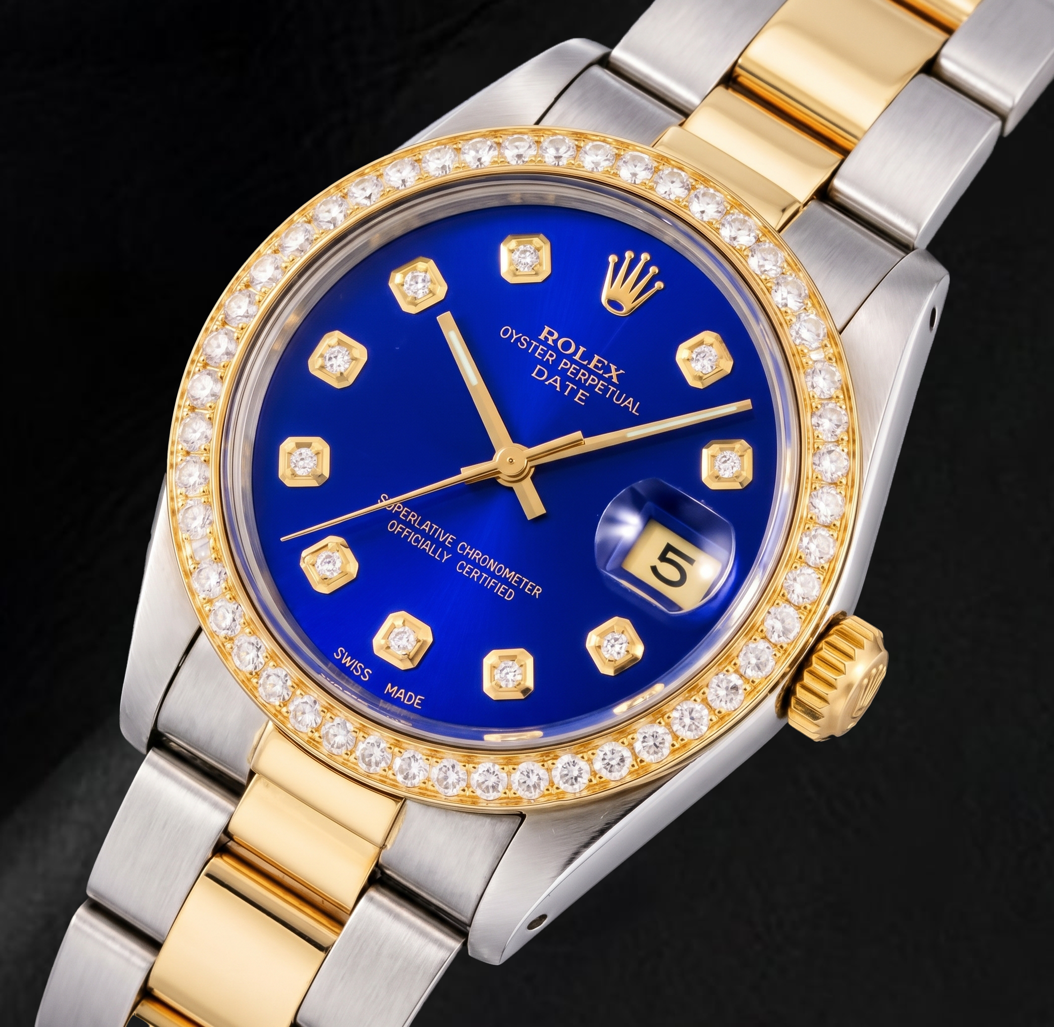 Rolex Date 1505 34mm Blue Diamond Dial Two Tone Watch
