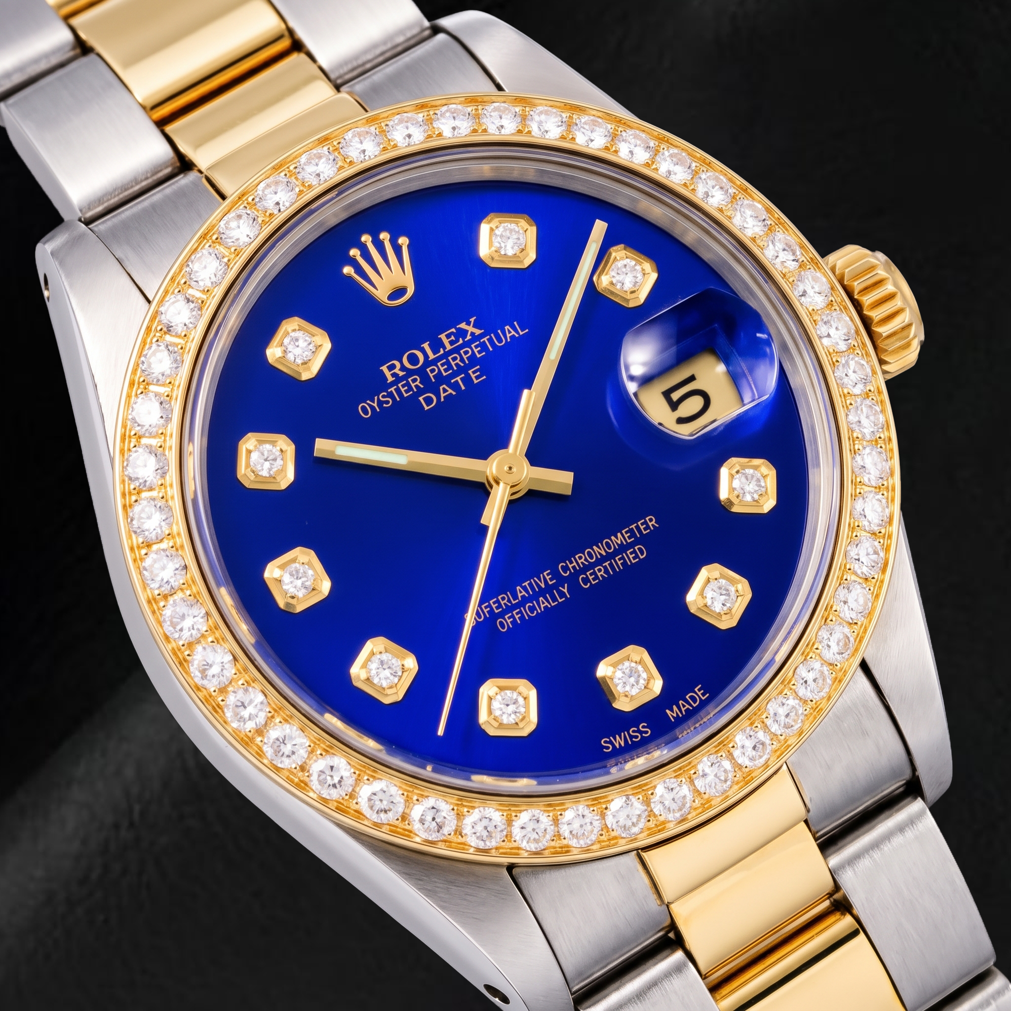 Rolex Date 1505 34mm Blue Diamond Dial Two Tone Watch