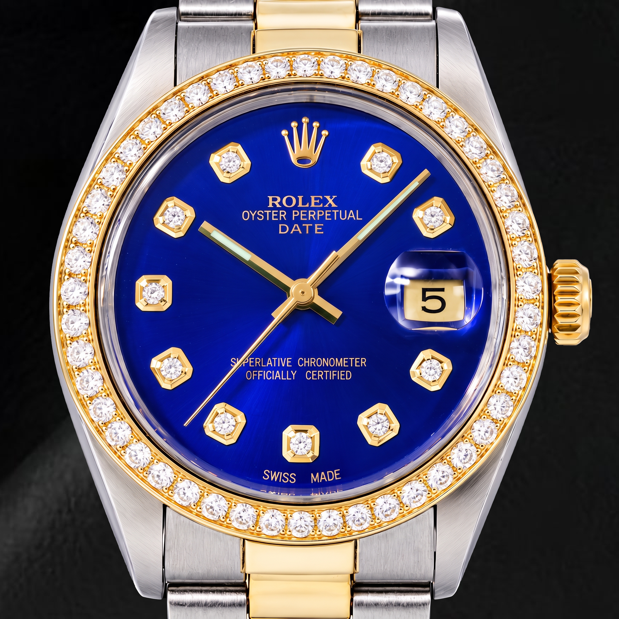 Rolex Date 1505 34mm Blue Diamond Dial Two Tone Watch