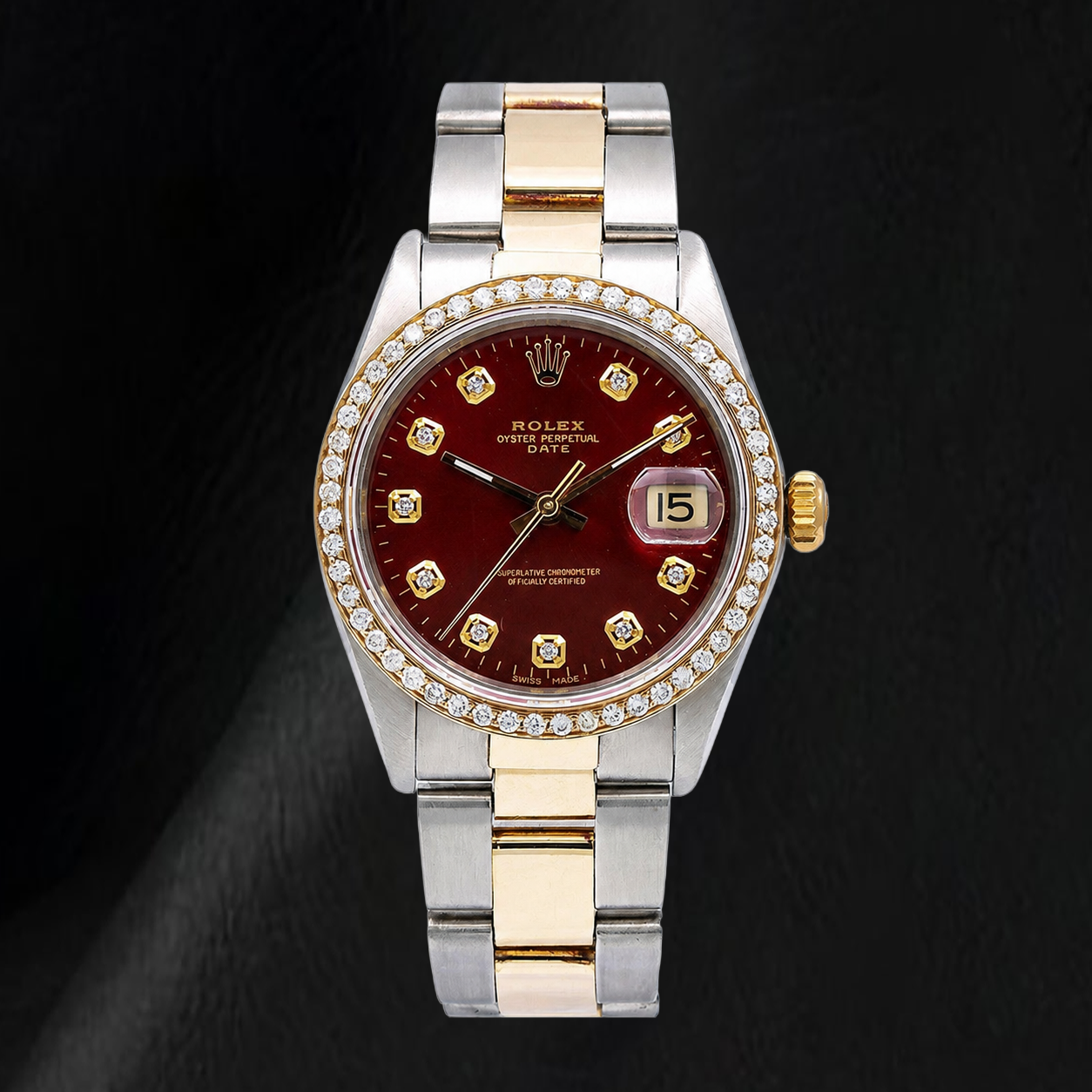 Rolex Date 1505 34mm Red Diamond Dial Jubilee Bracelet Two Tone Watch