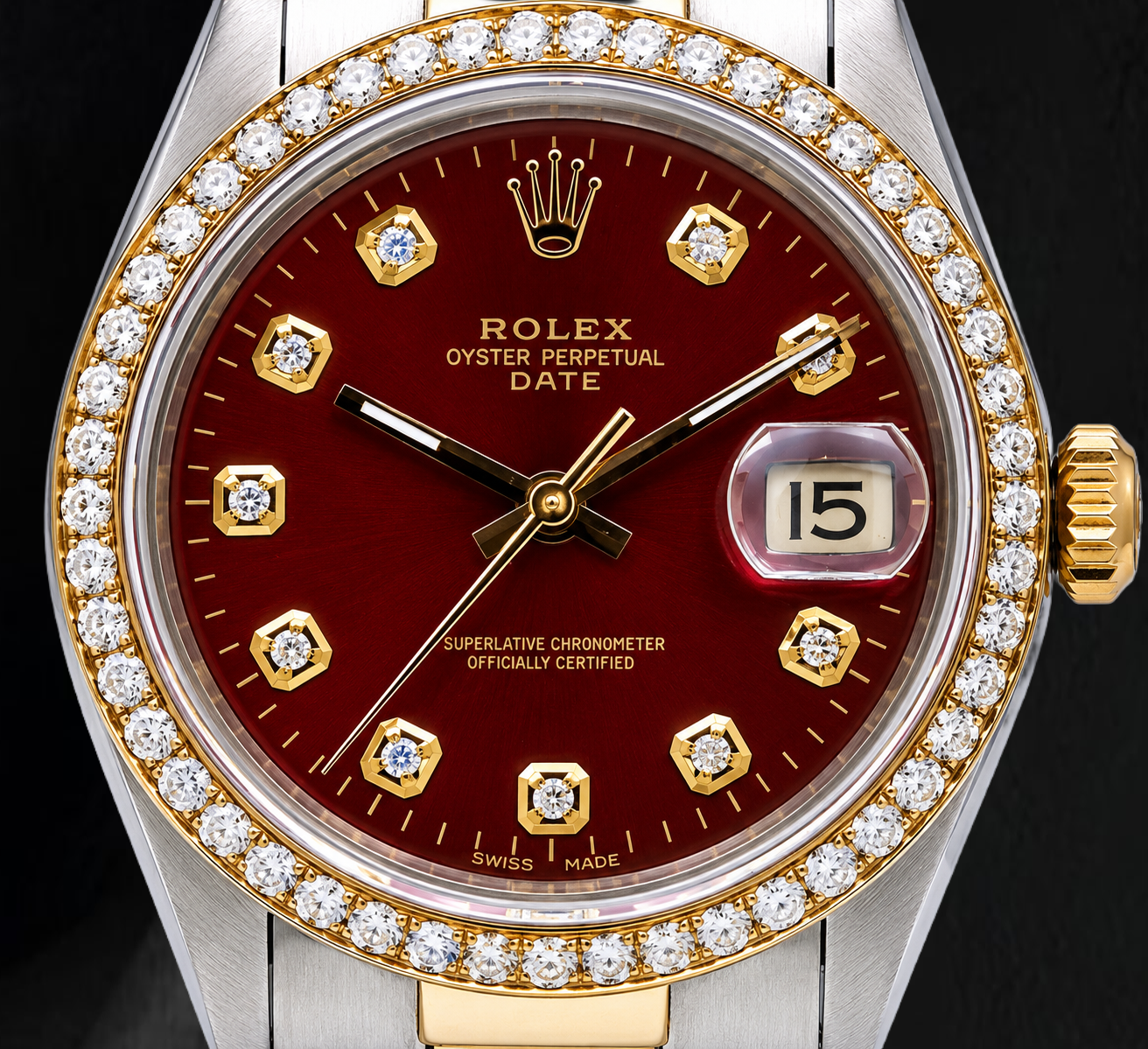 Rolex Date 1505 34mm Red Diamond Dial Jubilee Bracelet Two Tone Watch