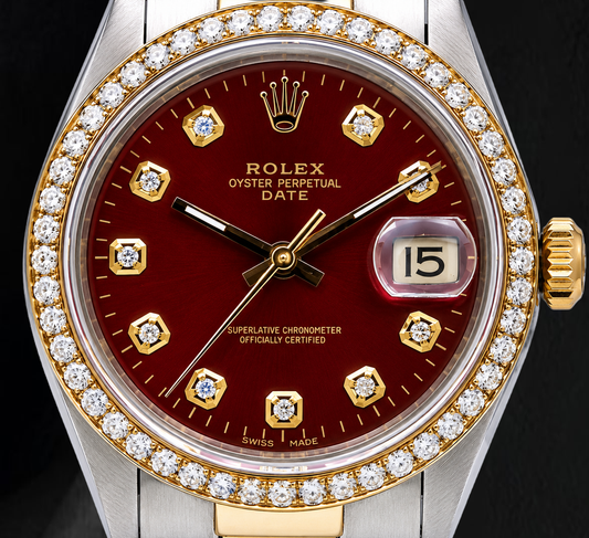 Rolex Date 1505 34mm Red Diamond Dial Jubilee Bracelet Two Tone Watch
