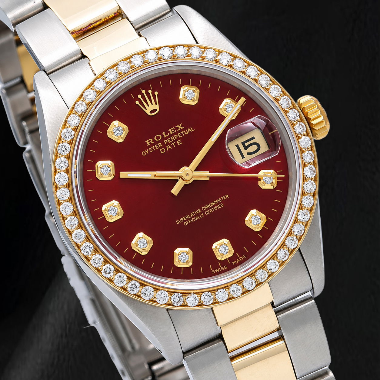 Rolex Date 1505 34mm Red Diamond Dial Jubilee Bracelet Two Tone Watch