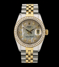 Rolex Date 1505 34mm White Mother of Pearl String Diamond Dial Two Tone Watch
