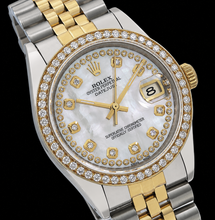 Rolex Date 1505 34mm White Mother of Pearl String Diamond Dial Two Tone Watch