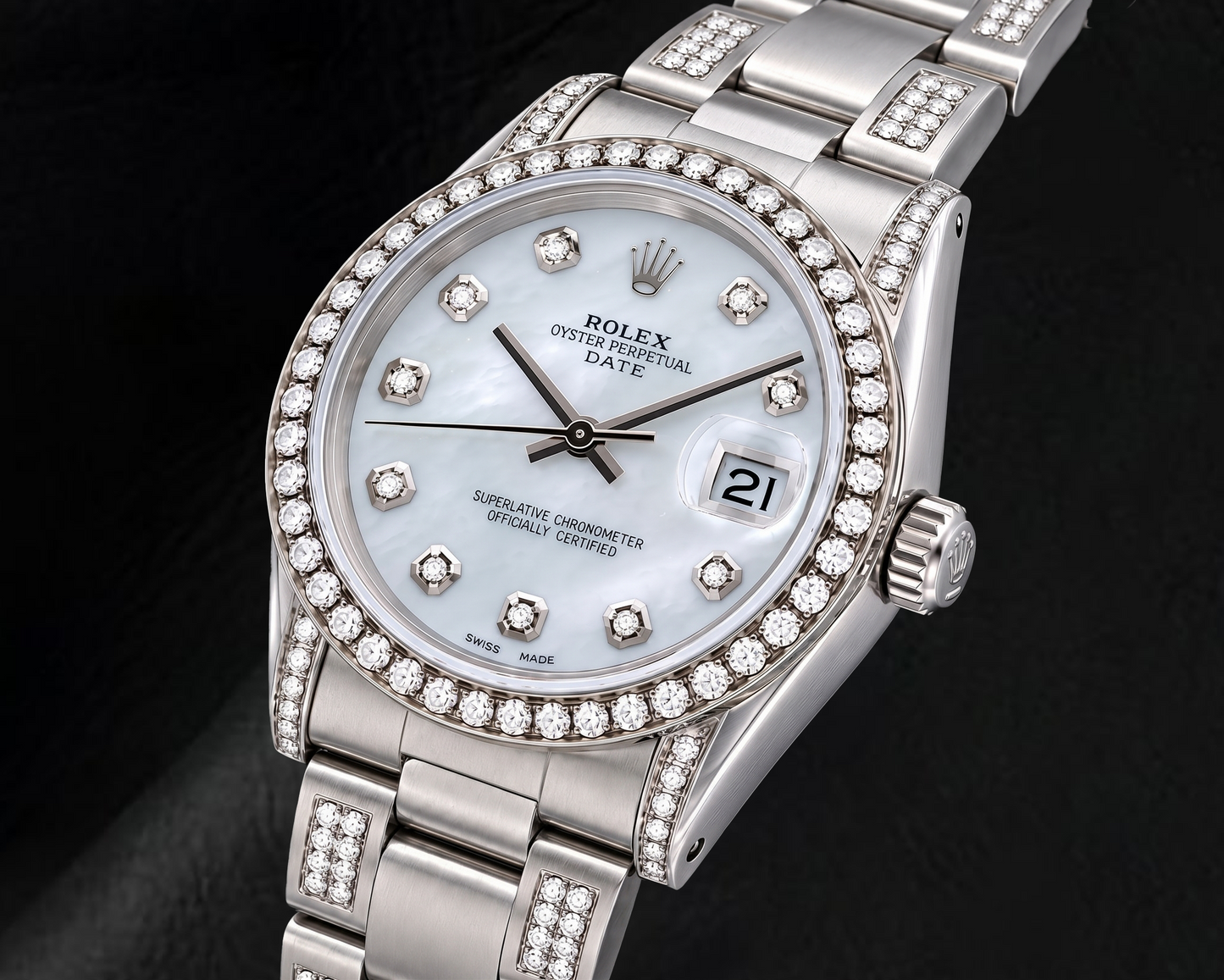 Rolex Date 15200 34mm White Mother of Pearl Diamond Dial Stainless Steel Watch