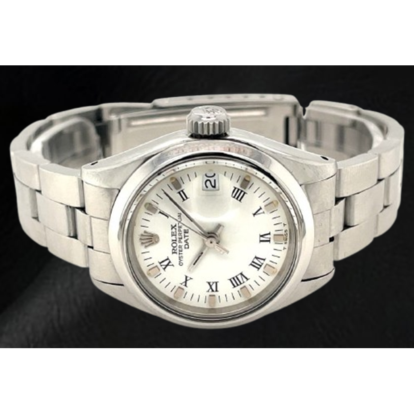 Rolex Date 26 mm White Roman Dial Oyster Stainless Steel Ladies Watch