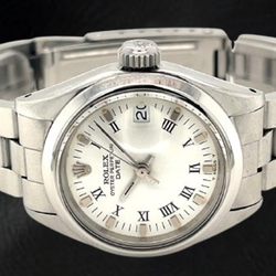 Rolex Date 26 mm White Roman Dial Oyster Stainless Steel Ladies Watch