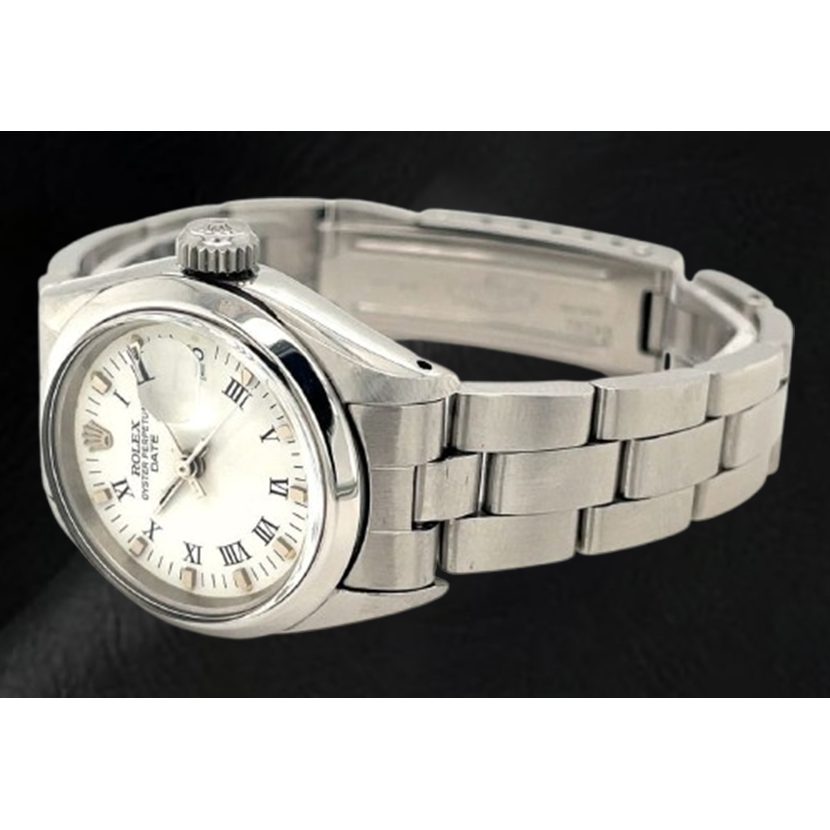 Rolex Date 26 mm White Roman Dial Oyster Stainless Steel Ladies Watch