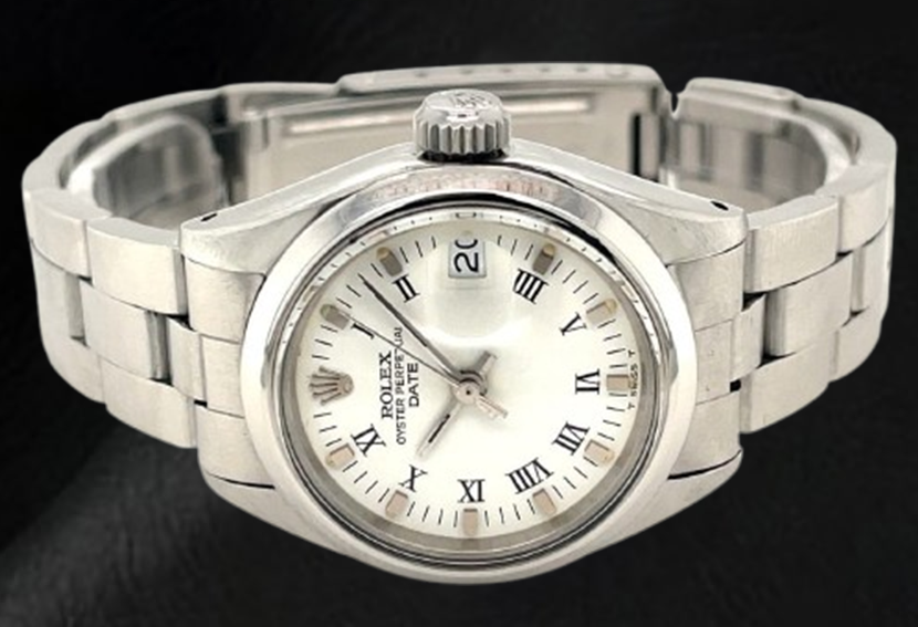 Rolex Date 26 mm White Roman Dial Oyster Stainless Steel Ladies Watch