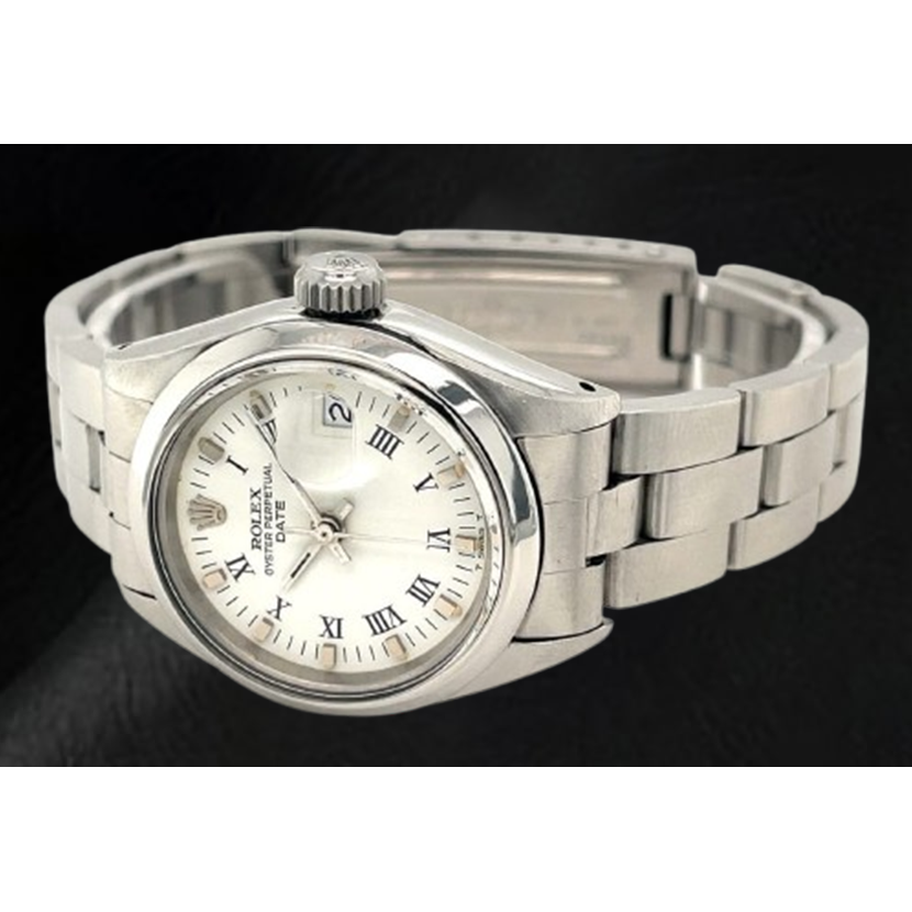 Rolex Date 26 mm White Roman Dial Oyster Stainless Steel Ladies Watch