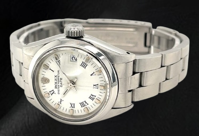 Rolex Date 26 mm White Roman Dial Oyster Stainless Steel Ladies Watch