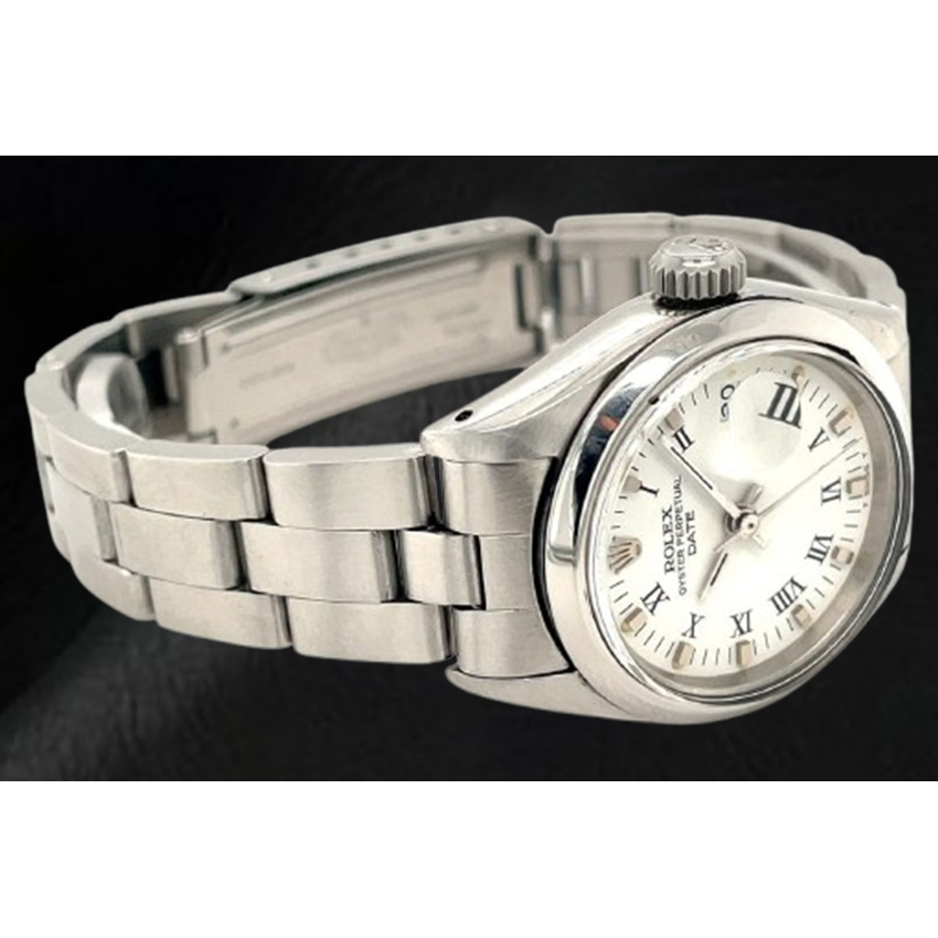 Rolex Date 26 mm White Roman Dial Oyster Stainless Steel Ladies Watch