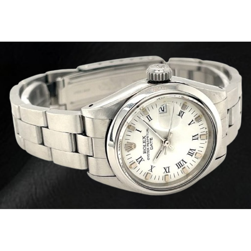 Rolex Date 26 mm White Roman Dial Oyster Stainless Steel Ladies Watch