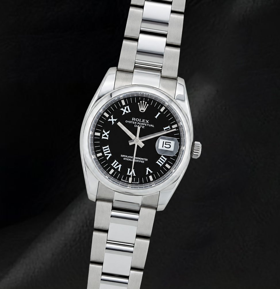 Rolex Date 34mm 115200 Black Roman Dial Stainless Steel Watch