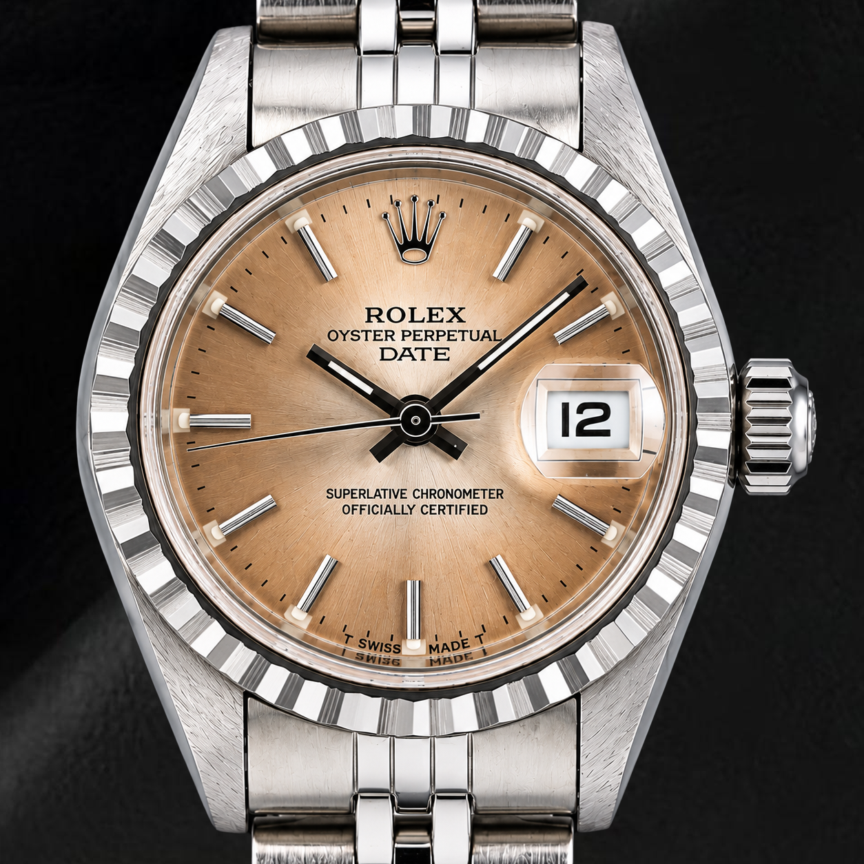 Rolex Date 69240 26mm Brown Stick Dial Stainless Steel Jubilee Bracelet Watch