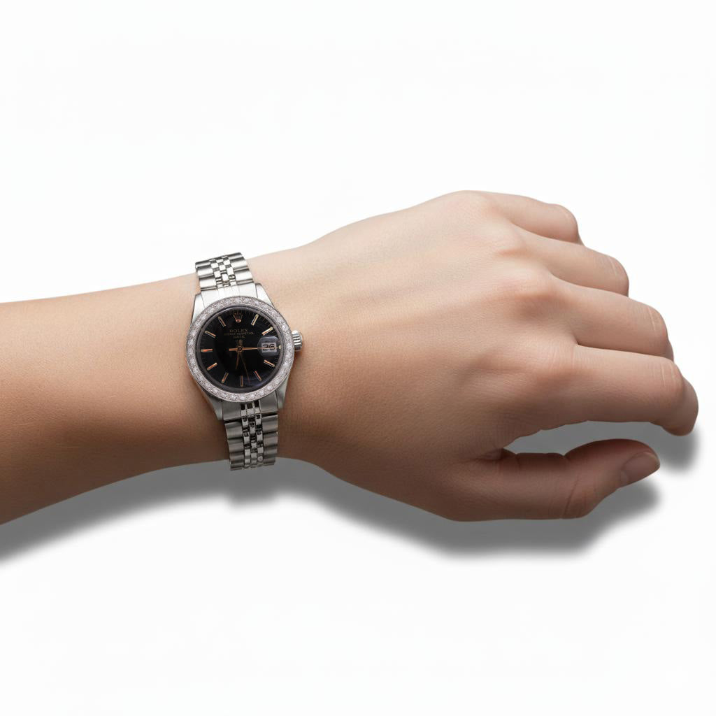 Rolex Date Black Stick Dial Natural Earth Mined Diamond Bezel Women Watch Ss Jubilee P4