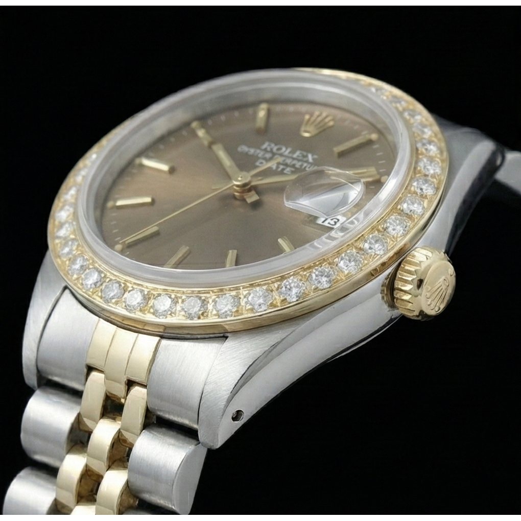 Rolex Date Champagne Stick Dial Natural Earth Mined Diamond Bezel Watch Ss & Jubilee