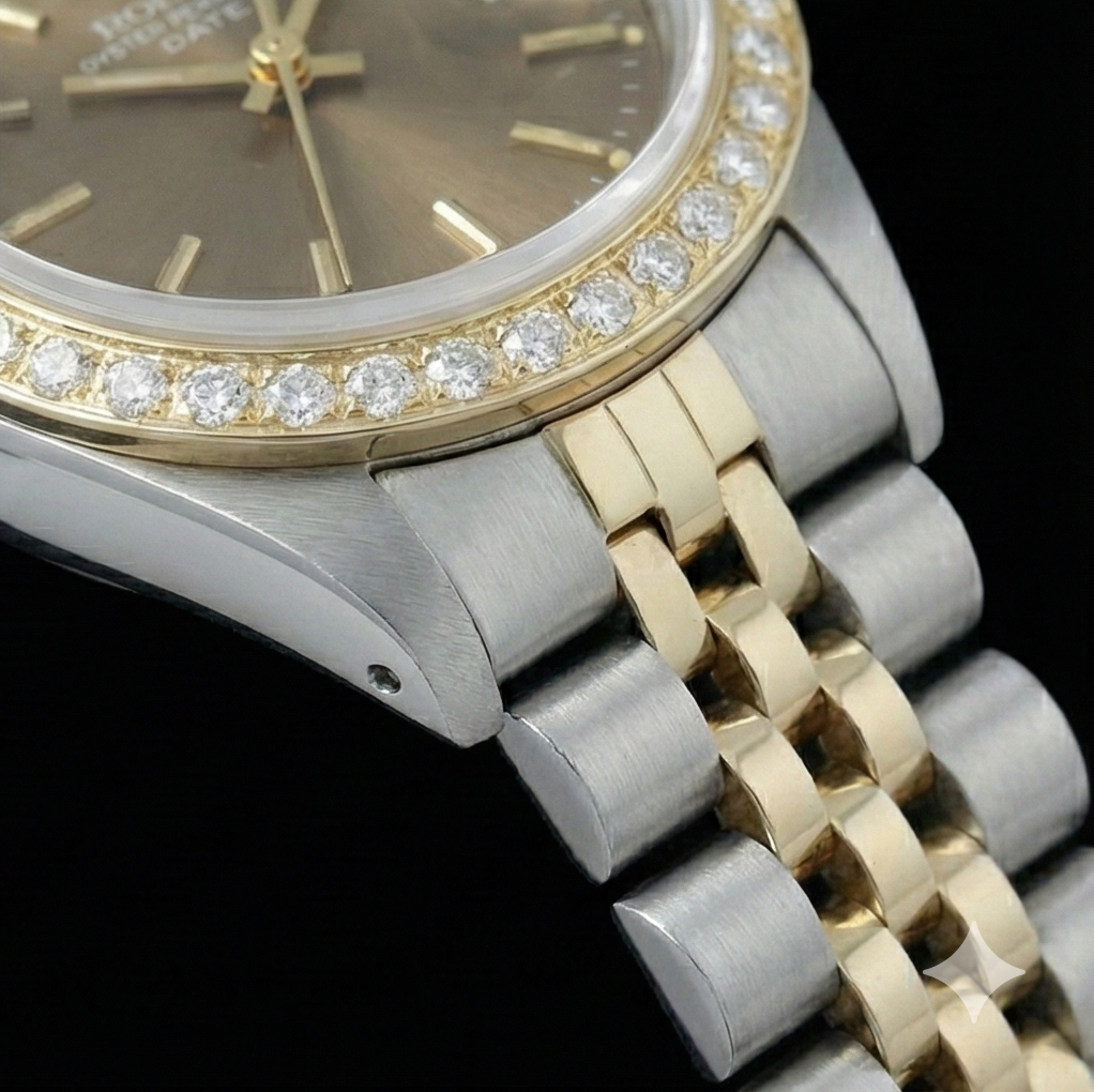 Rolex Date Champagne Stick Dial Natural Earth Mined Diamond Bezel Watch Ss & Jubilee