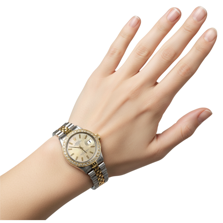 Rolex Date Watch Silver Stick Dial Diamond Bezel Ss & Gold Jubilee