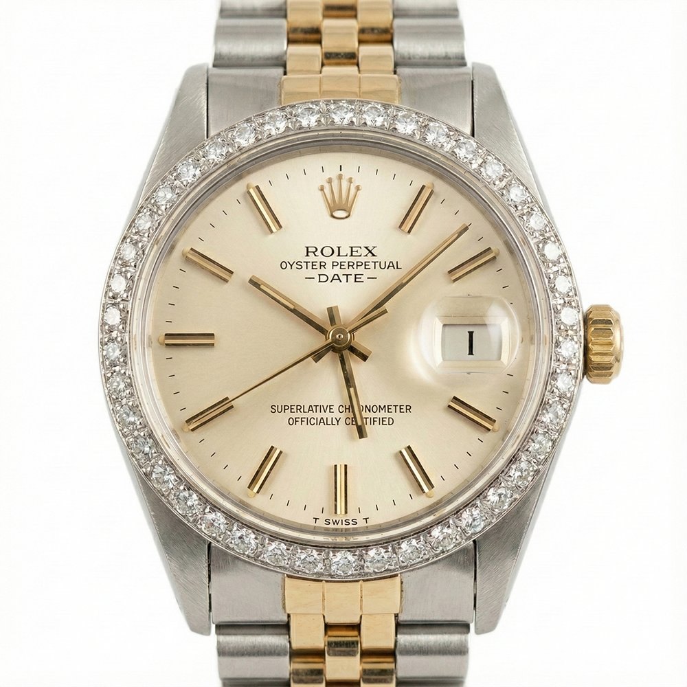 Rolex Date Watch Silver Stick Dial Diamond Bezel Ss & Gold Jubilee
