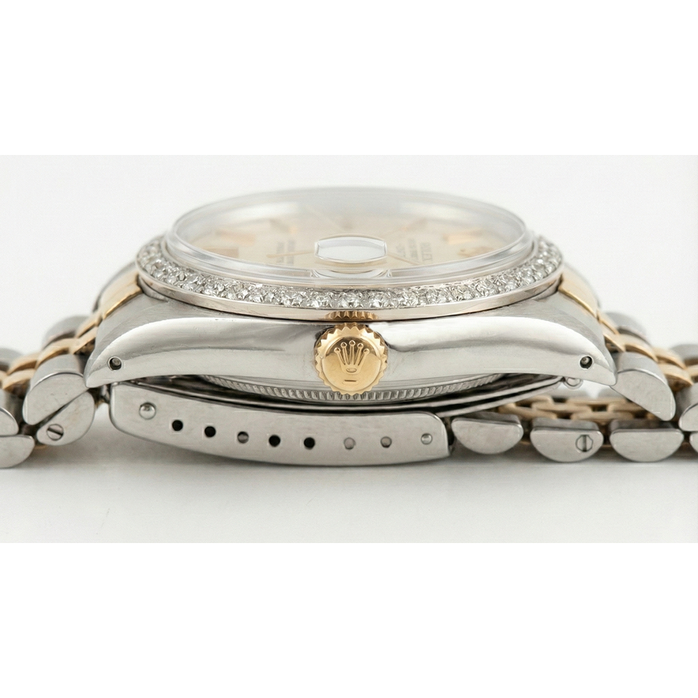 Rolex Date Watch Silver Stick Dial Diamond Bezel Ss & Gold Jubilee