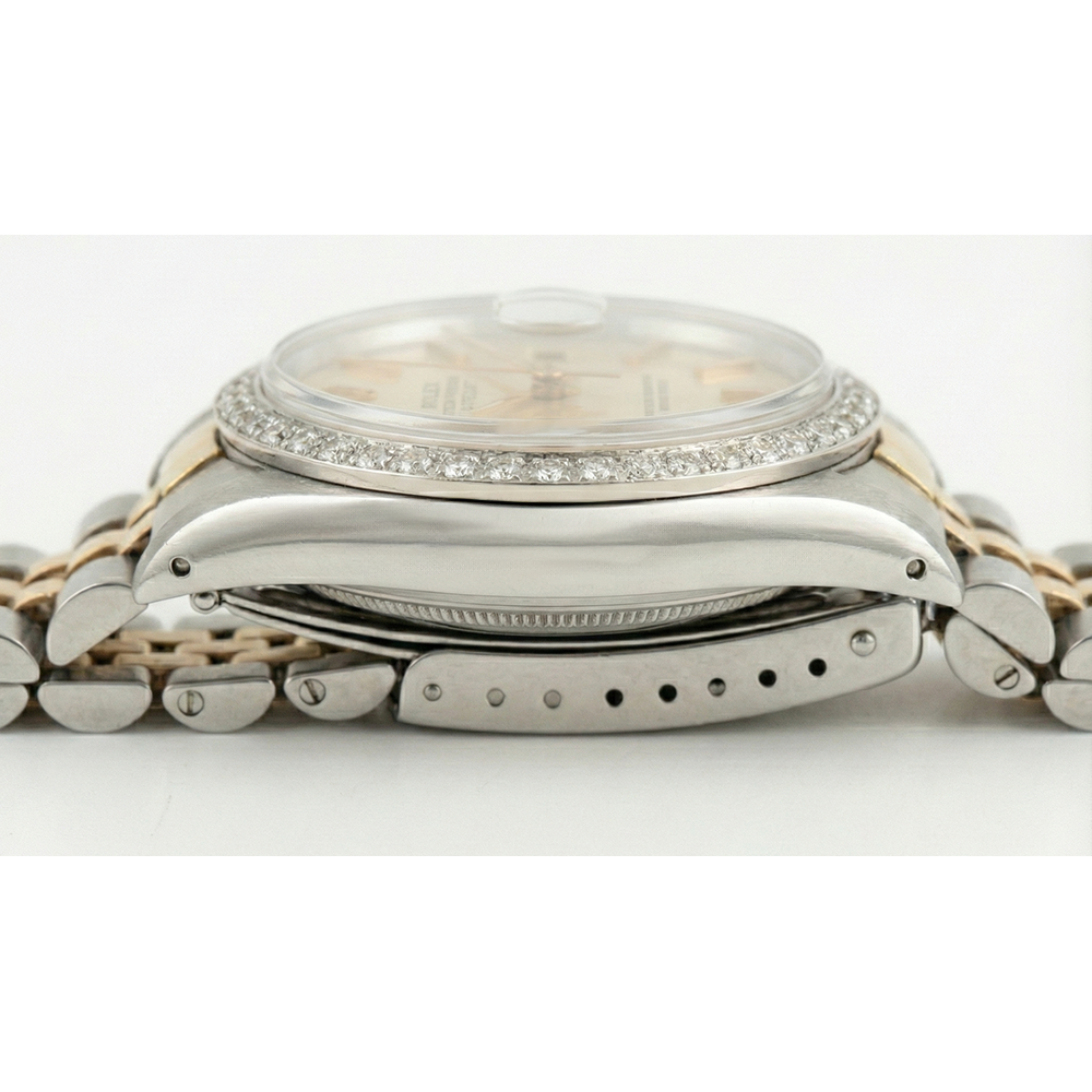 Rolex Date Watch Silver Stick Dial Diamond Bezel Ss & Gold Jubilee