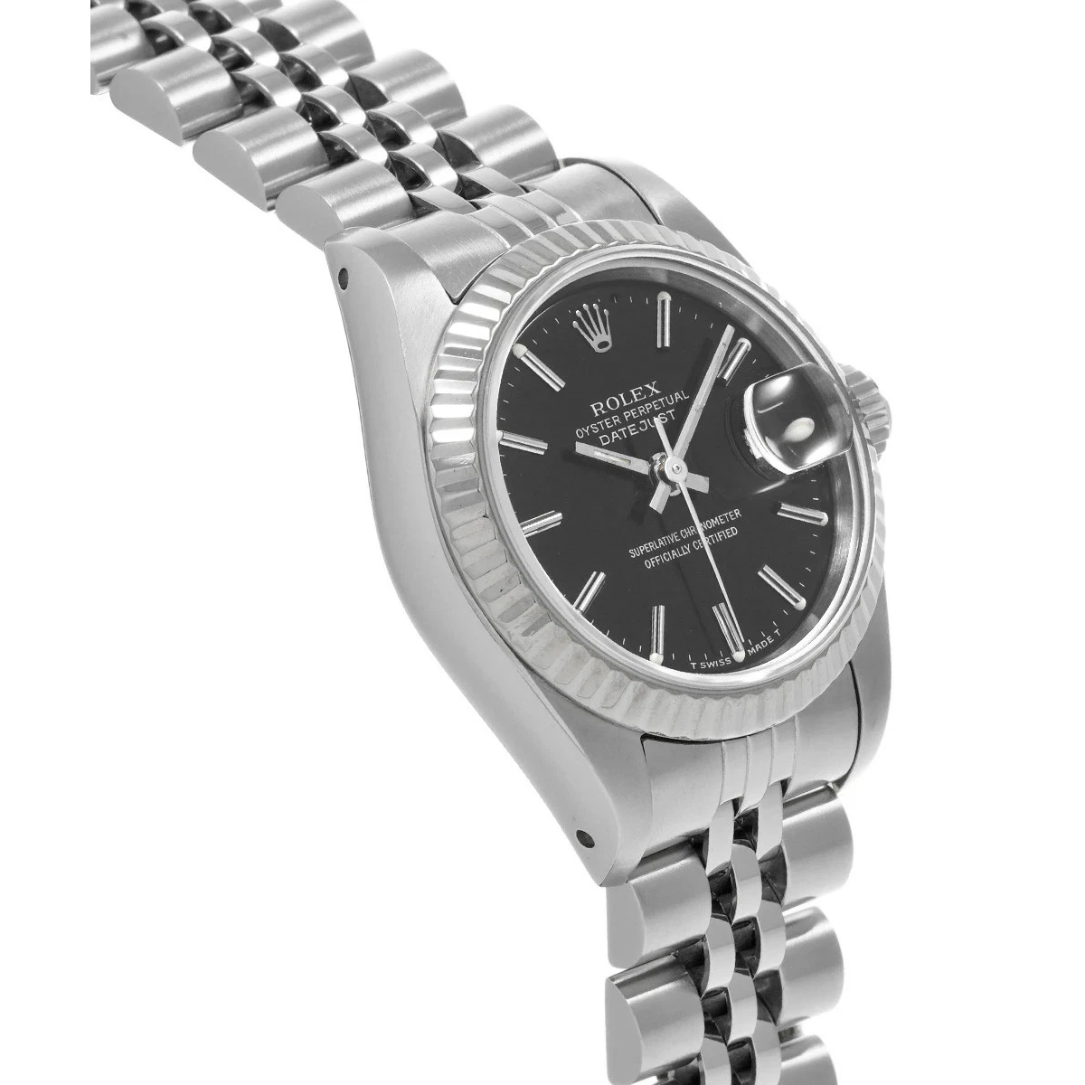 Rolex Date Watch Ss Jubilee Bracelet Black Stick Dial Fluted Bezel