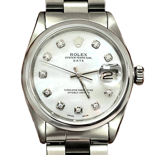 Rolex Date White Mother of Pearl Diamond Dial  34 mm Stainlesss Steel Watch