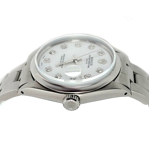 Rolex Date White Mother of Pearl Diamond Dial  34 mm Stainlesss Steel Watch