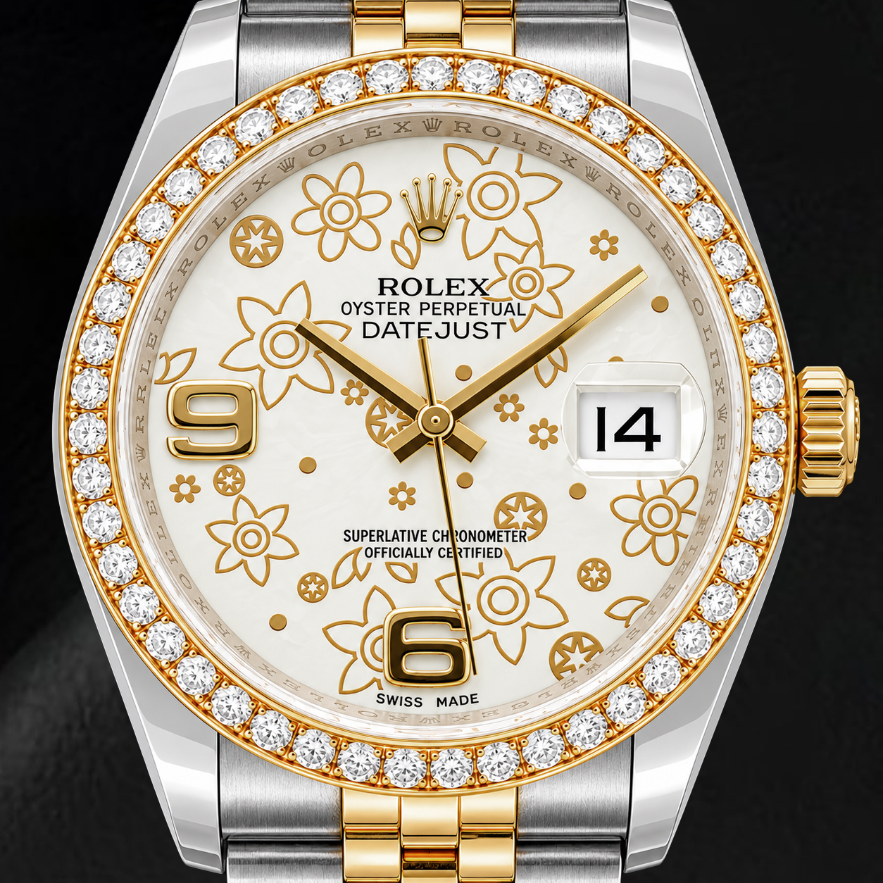 Rolex Datejust 116243 36mm White Floral Arabic Dial Two Tone Watch